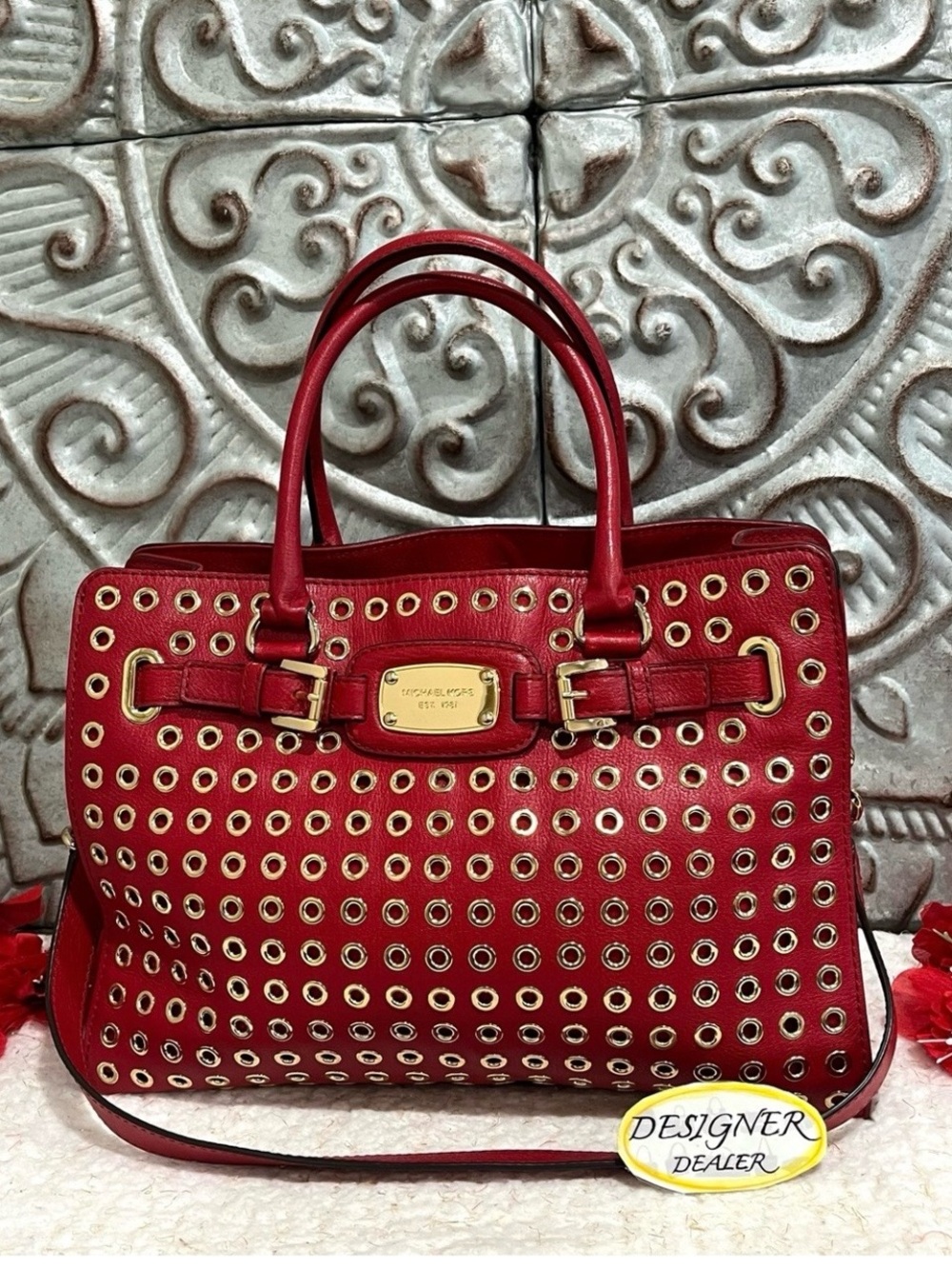 MICHAEL KORS Hamilton Red Leather Grommet Chain Tote